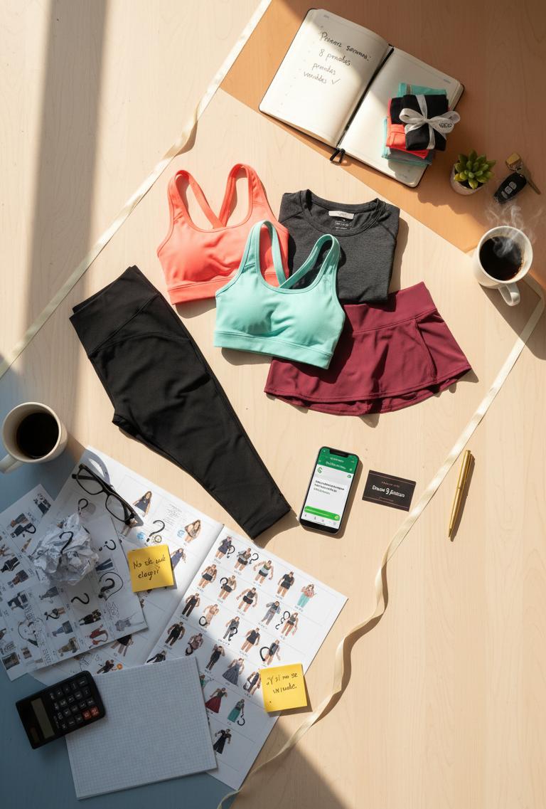 Mesa de trabajo con tres zonas mostrando el proceso de emprender en ropa deportiva: zona inferior con catálogos desordenados y notas de confusión sobre qué comprar, zona central con cinco prendas deportivas básicas perfectamente organizadas (leggings negros, top deportivo coral, conjunto de short y top, playera manga larga y falda short) junto a smartphone mostrando pedido por WhatsApp y tarjeta que dice desde 3 piezas, zona superior con planificador mostrando ventas de primera semana, WhatsApp con pedidos de clientes y café humeante representando el éxito del negocio.