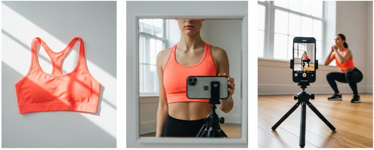 Composición de tres paneles mostrando los tres tipos esenciales de fotografías para vender ropa deportiva: foto plana desde arriba, foto en uso reflejada en espejo, y video de prueba de elasticidad con smartphone.