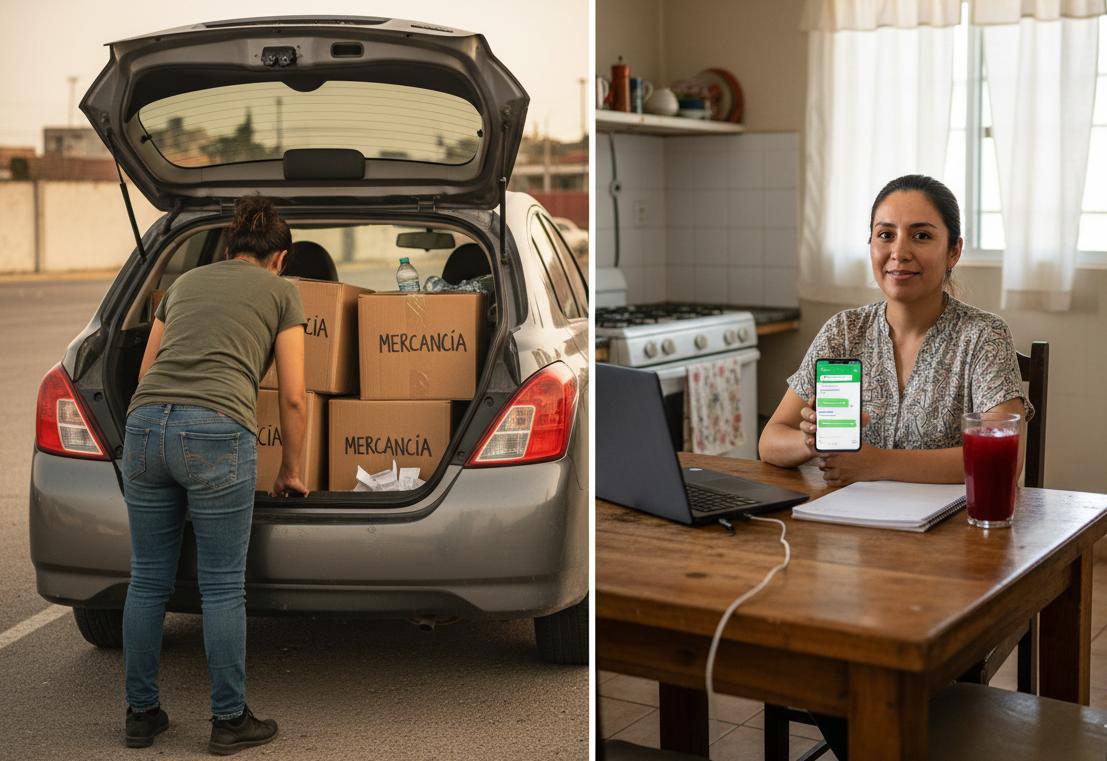 Micro-emprendedora mexicana en dos momentos: agotada cargando cajas de mercancía en su carro versus relajada trabajando desde su mesa del comedor con smartphone, mostrando la transición del modelo tradicional sacrificado al modelo digital eficiente.