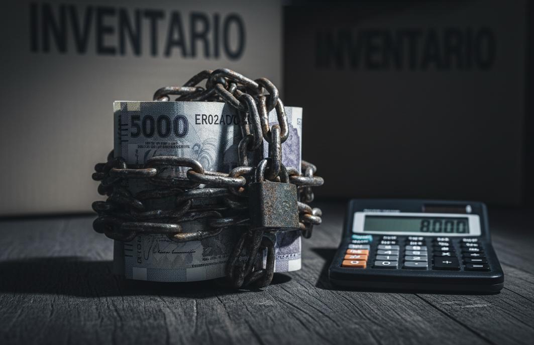 Billetes mexicanos atados con cadenas junto a calculadora, simbolizando el capital inmovilizado por mínimos de compra excesivos en ropa deportiva al mayoreo que impiden la flexibilidad financiera.