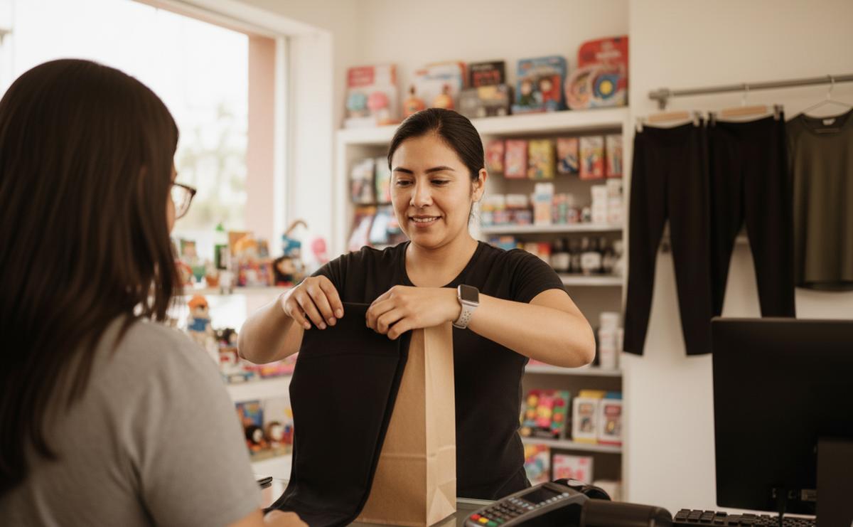 Dueña de tienda de regalos atendiendo venta exitosa de ropa deportiva junto con sus productos tradicionales, demostrando modelo de negocio mixto rentable.