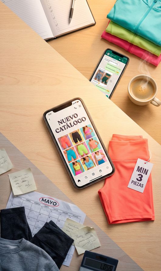 Flatlay vertical que muestra la transformación de un error de inventario de invierno a éxito de ventas de verano con un catálogo digital. En la parte inferior izquierda, ropa de invierno y un calendario de mayo simbolizan el error. En el centro, un smartphone con la app 'NUEVO CATÁLOGO' y biker shorts de coral 'MIN 3 PIEZAS' representan la solución. En la parte superior derecha, ropa de verano vibrante, un planificador y un chat de WhatsApp con pedidos simbolizan el éxito