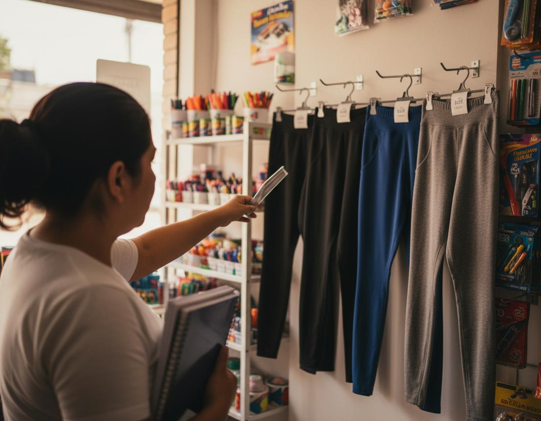 Cliente en tienda de barrio descubre ropa deportiva mientras compra otros productos, mostrando la oportunidad de ventas complementarias en negocios locales mexicanos.