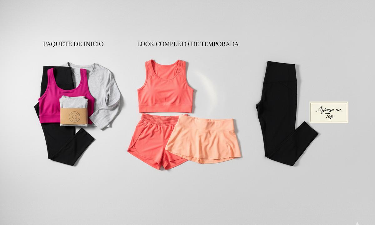 Vista superior de tres paquetes estratégicos de ropa deportiva para venta: paquete de inicio con leggings, top y playera de manga larga; look completo de temporada con conjunto y falda short; y sugerencia de venta adicional, mostrando cómo combinar productos para maximizar ventas.