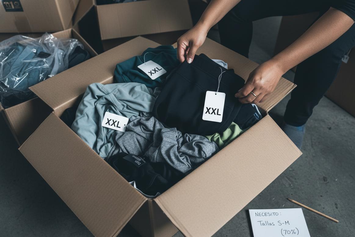 Caja de ropa deportiva al mayoreo abierta mostrando tallas aleatorias predominantemente grandes, mientras las manos sostienen una prenda XXL junto a nota que indica necesidad de tallas S-M, ilustrando el problema de comprar sin control de inventario.