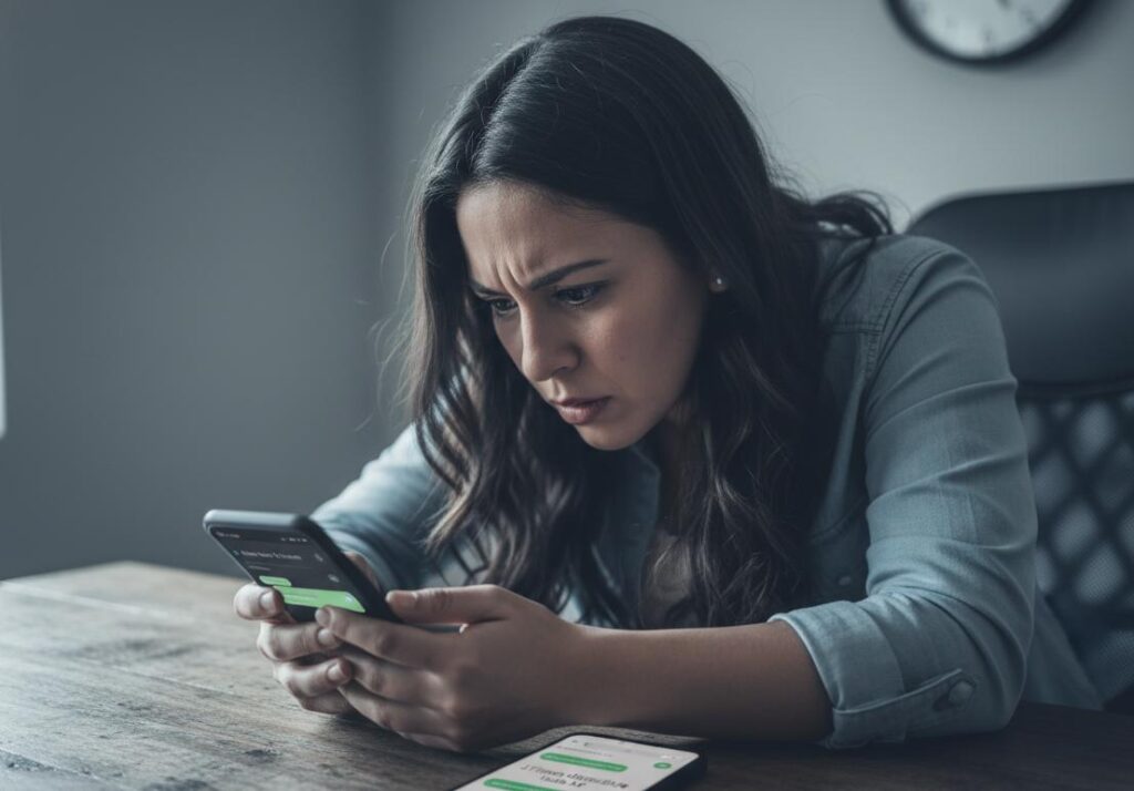 Emprendedora frustrada mirando mensajes sin respuesta de su proveedor en WhatsApp mientras tiene una consulta de cliente esperando, mostrando cómo la comunicación lenta destruye oportunidades de venta.