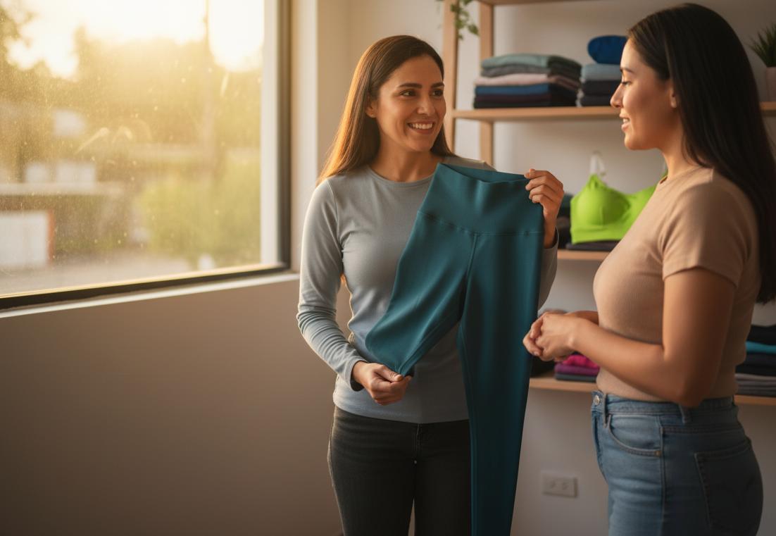Emprendedora latina de ropa deportiva mostrando con confianza leggings de calidad a clienta interesada en espacio de negocio pequeño con luz natural cálida, ambas mujeres en interacción genuina y relajada, inventario organizado visible al fondo, representando la comunicación efectiva de valor más allá del precio.