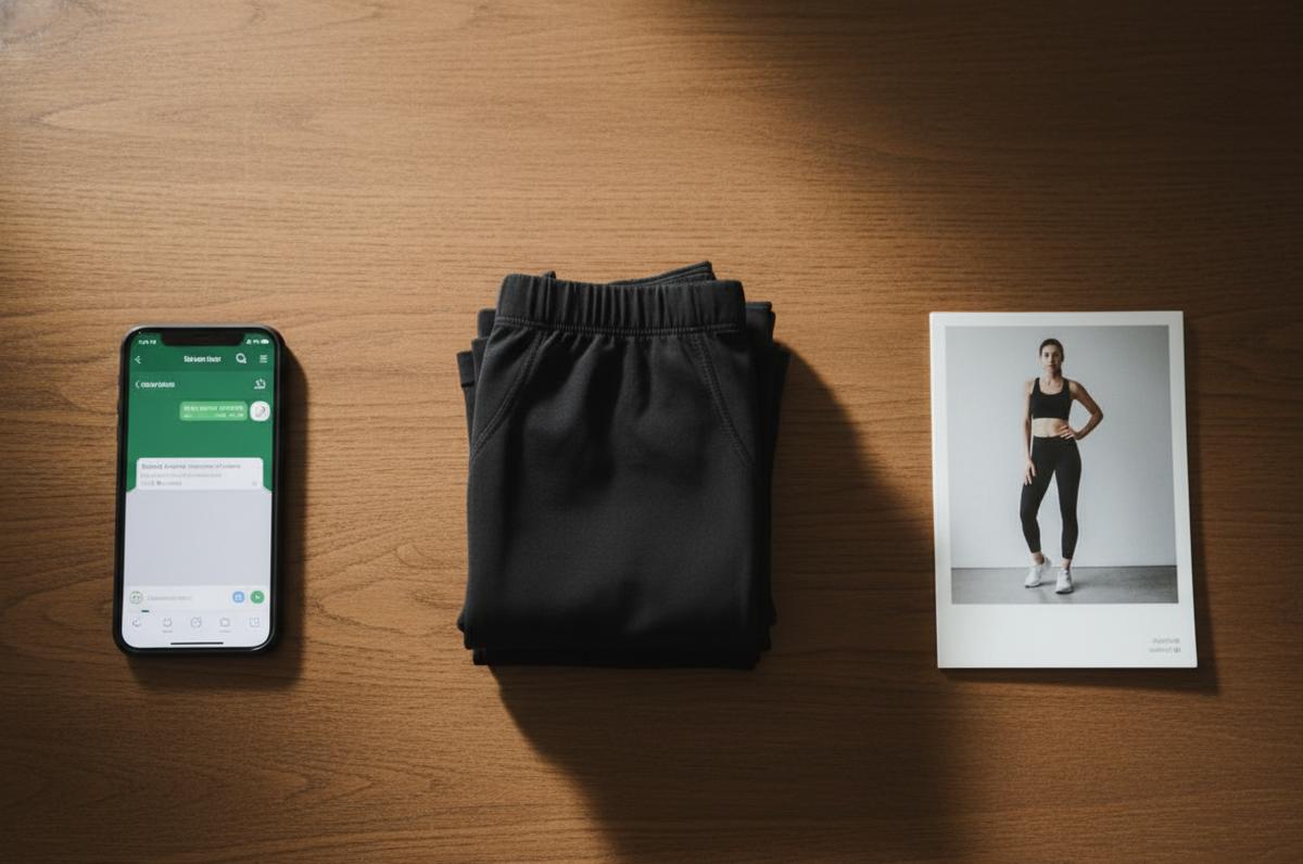 Composición minimalista mostrando los tres elementos del sistema simple de distribución: smartphone con WhatsApp, pequeño inventario de ropa deportiva, y catálogo de fotos, representando proceso eficiente sin complicaciones.