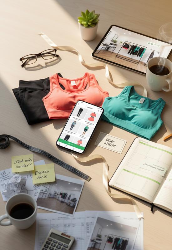Composición fotográfica mostrando la transformación de un negocio: en la parte inferior, espacio vacío y oportunidades perdidas con notas y medidor; en el centro, smartphone mostrando catálogo de ropa deportiva al mayoreo con prendas de calidad y tarjeta 'Desde 3 Piezas'; en la parte superior, negocio diversificado exitoso con exhibidor de ropa, mensajes de WhatsApp de clientes y planner organizado, simbolizando crecimiento empresarial