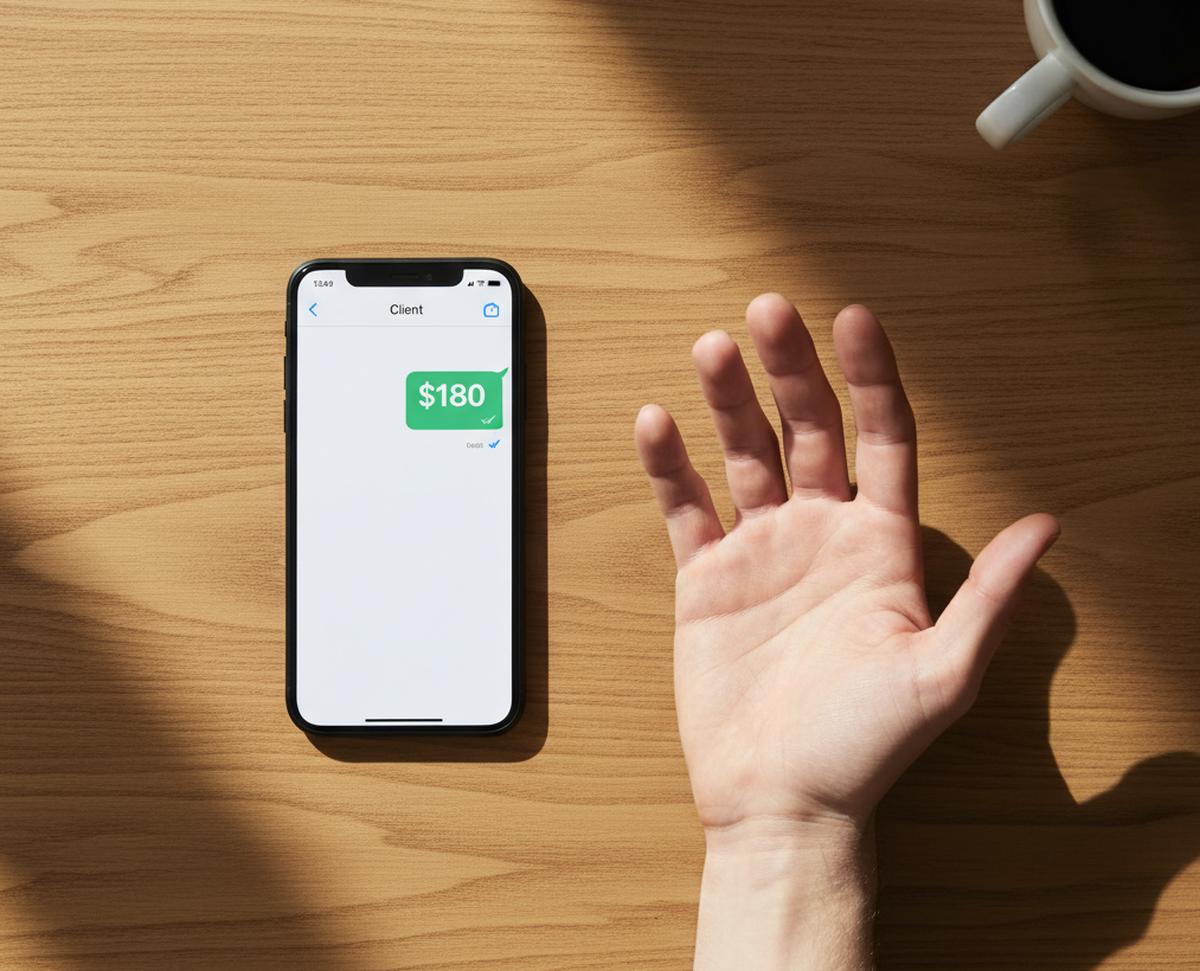Vista cenital de un celular sobre escritorio mostrando conversación de WhatsApp con solo el precio enviado y sin respuesta, simbolizando una oportunidad de venta perdida.