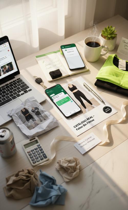 Composición fotográfica mostrando la transformación de comprar ropa deportiva al mayoreo: en la zona inferior izquierda, laptop con búsquedas de proveedores, papel con foto falsa de catálogo, calculadora mostrando $9,847 pesos en gastos, mapa con ruta marcada, y notas manuscritas preguntando si las fotos son reales representando el modelo tradicional problemático; en el centro, smartphone mostrando conversación de WhatsApp para pedidos fáciles como elemento principal, página de catálogo con foto real de ropa deportiva sin filtros, y tarjeta indicando mínimo de 3 piezas; en la zona superior derecha, teléfono mostrando pago recibido en MercadoPago, agenda con metas de ventas cumplidas marcadas en verde, 2-3 prendas deportivas dobladas profesionalmente, tarjeta de agradecimiento de cliente, planta suculenta y café, todo con iluminación cálida representando el éxito del emprendedor.