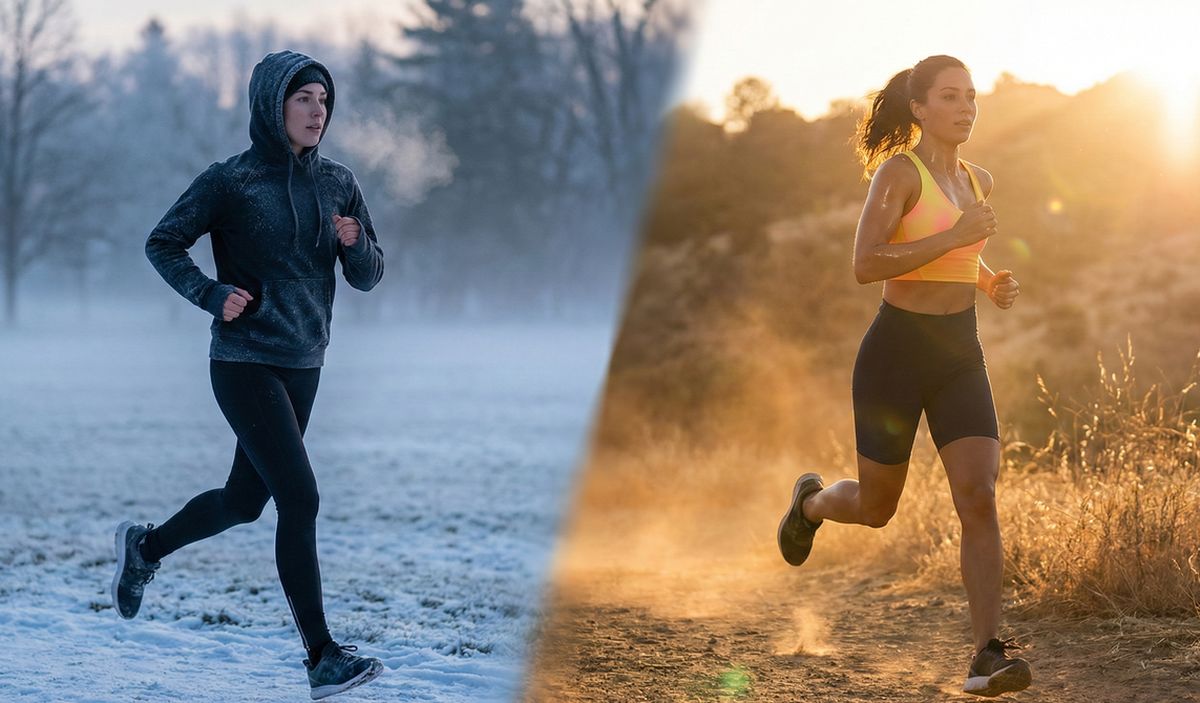 Composición artística dividida que muestra a la misma corredora en dos estaciones: a la izquierda abrigada en invierno con neblina, y a la derecha con ropa ligera bajo el sol intenso del verano.