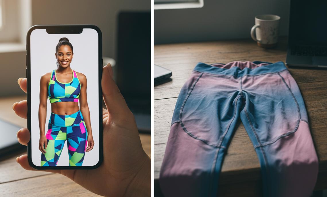 Comparación entre foto de catálogo profesional de ropa deportiva en smartphone versus el producto real decepcionante recibido, mostrando la brecha entre promesa y realidad en compras al mayoreo.