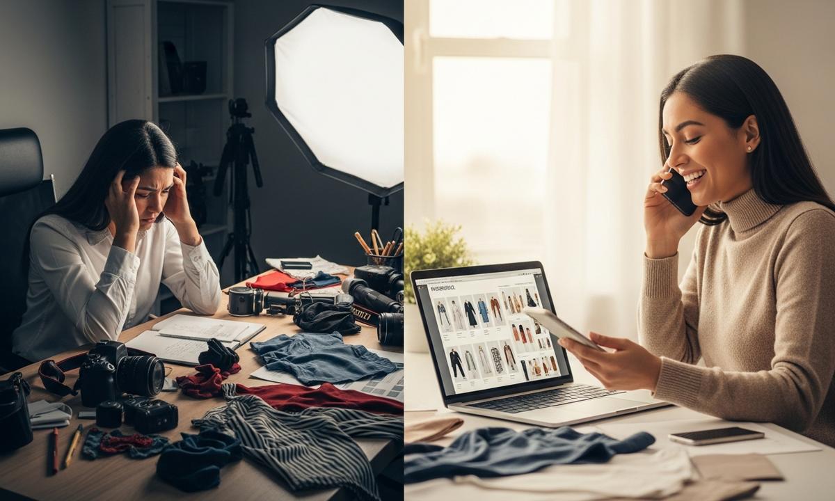 Composición dividida mostrando emprendedora estresada rodeada de equipo fotográfico en un lado versus la misma mujer relajada y vendiendo desde su laptop con catálogo profesional en el otro, ilustrando la ventaja de delegar producción de contenido.