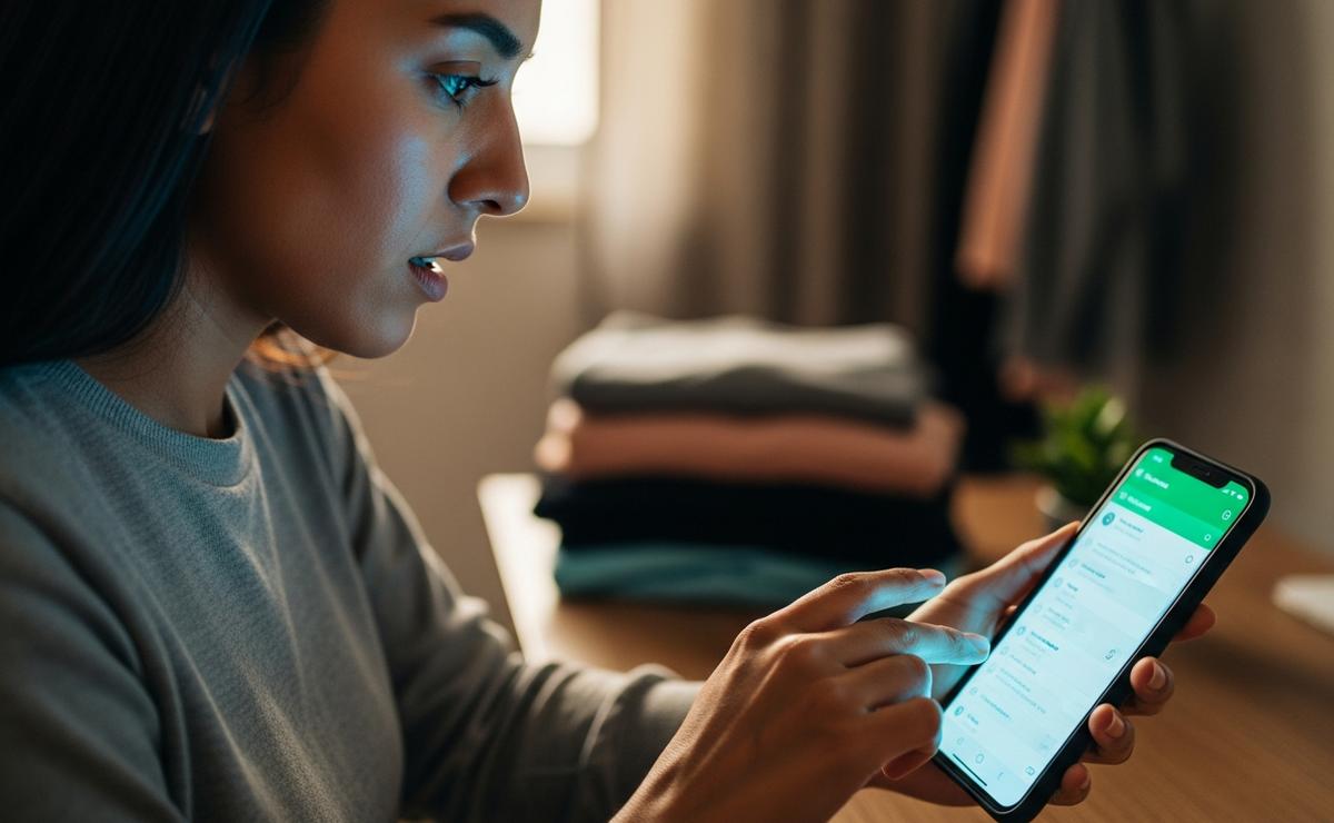Emprendedora latina concentrada mirando su celular con WhatsApp abierto, mostrando el momento de tensión al decidir qué mensaje enviar a un cliente potencial de ropa deportiva.