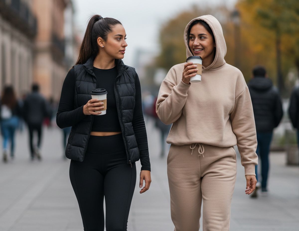Dos mujeres caminando en un día frío; una viste leggings negros ajustados y la otra un conjunto deportivo completo de pants y sudadera color beige, mostrando las dos tendencias principales de invierno.