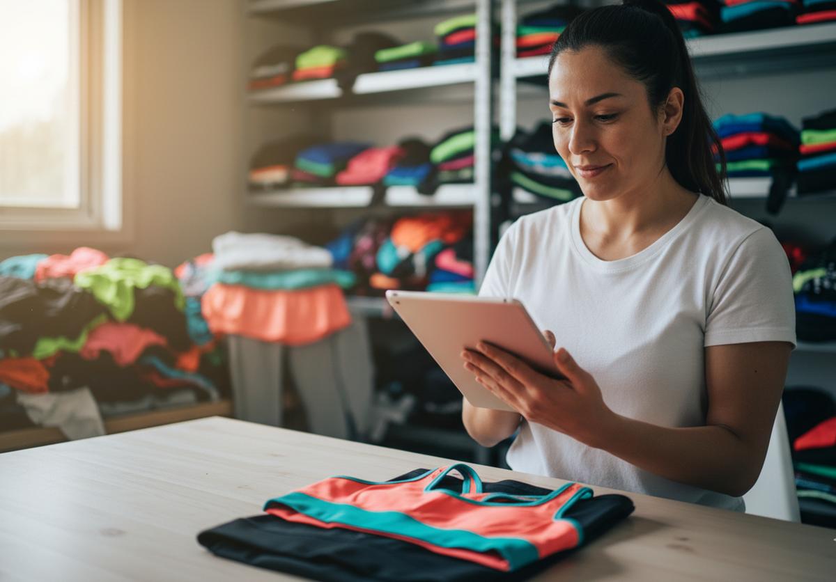 Emprendedora latina reflexionando frente a pocas prendas deportivas en una mesa, con un fondo desenfocado lleno de opciones infinitas de ropa deportiva, simbolizando la parálisis por exceso de opciones al iniciar un negocio.