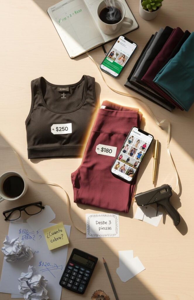 Flatlay profesional mostrando transformación de negocio de ropa deportiva mayoreo: calculadora con margen bajo y precios tachados, leggings y top deportivo de calidad con etiquetas de precio profesionales junto a catálogo en celular, planner con fórmula x2 calculada y WhatsApp con pedido confirmado
