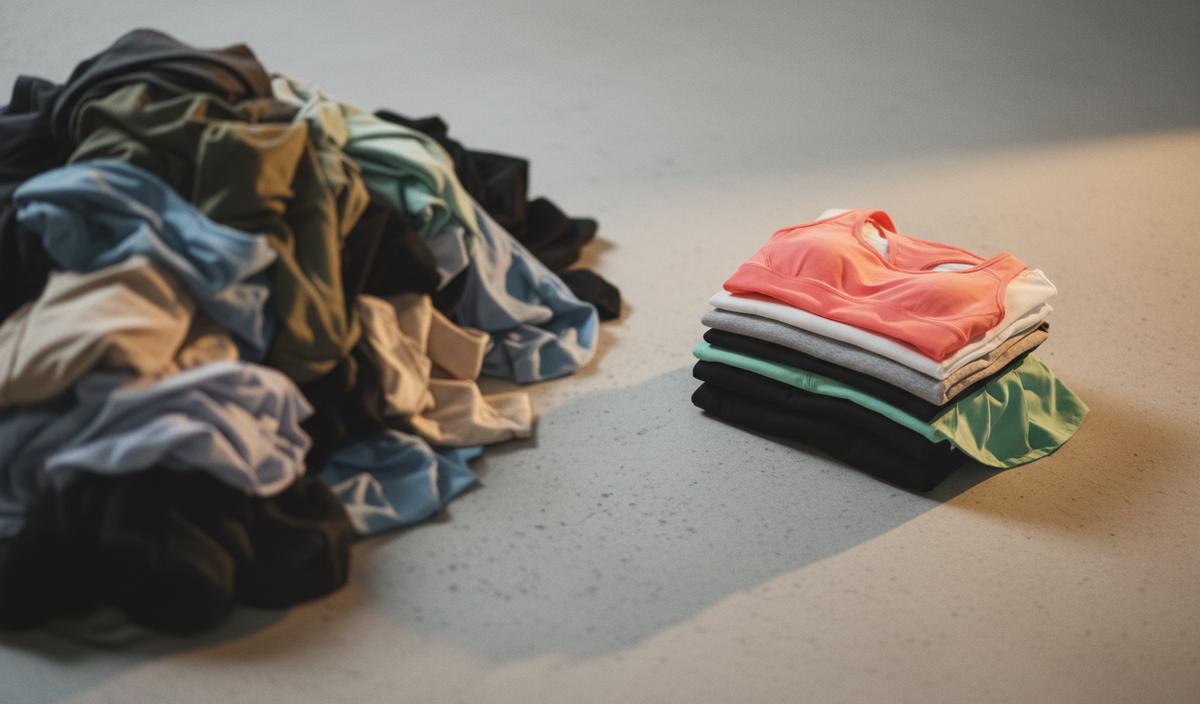Composición que muestra el Principio de Pareto aplicado a ropa deportiva: una pila desorganizada de muchas prendas en el lado izquierdo contrasta con cinco piezas clave perfectamente organizadas en el lado derecho, ilustrando que el 20% de productos genera el 80% de ventas.