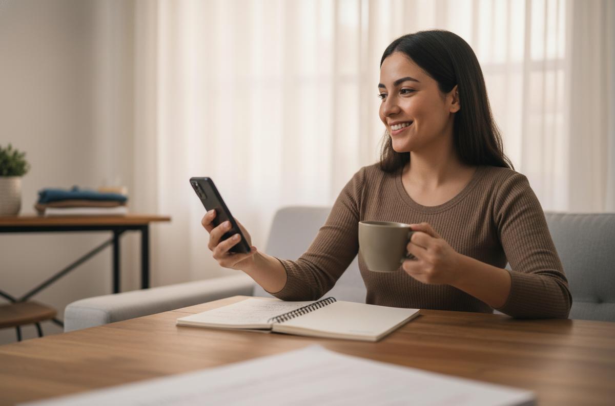 Emprendedora sonriendo con empatía y calma mientras sostiene una taza de café y su teléfono, transmitiendo paciencia ante un cliente indeciso.