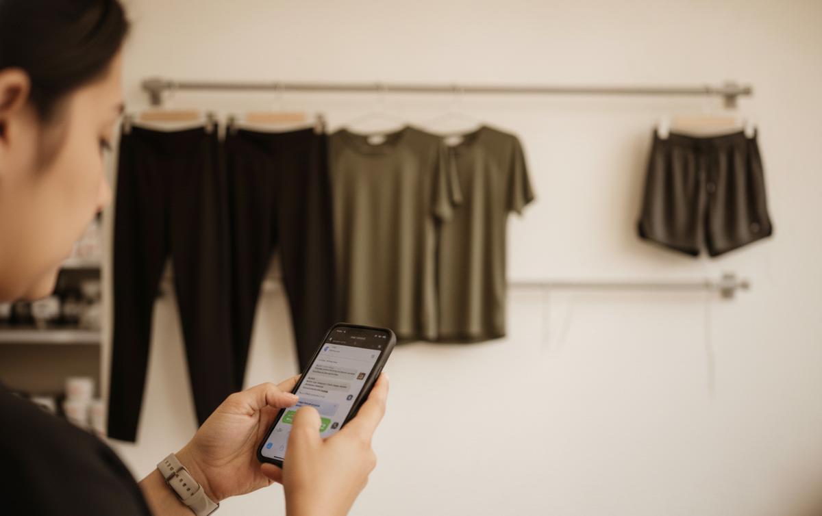 Dueño de negocio realizando pedido rápido de reposición por WhatsApp, fotografiando exhibidor de ropa deportiva para ordenar solo lo que se vendió, sistema de cero bodega.