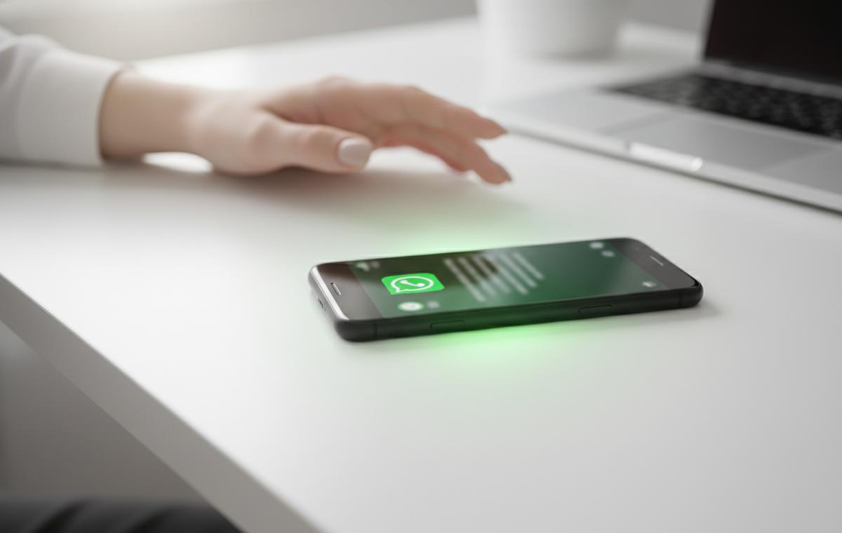 Celular sobre escritorio mostrando notificación entrante de WhatsApp mientras una mano se acerca, representando el momento de seguimiento profesional para recuperar una venta.