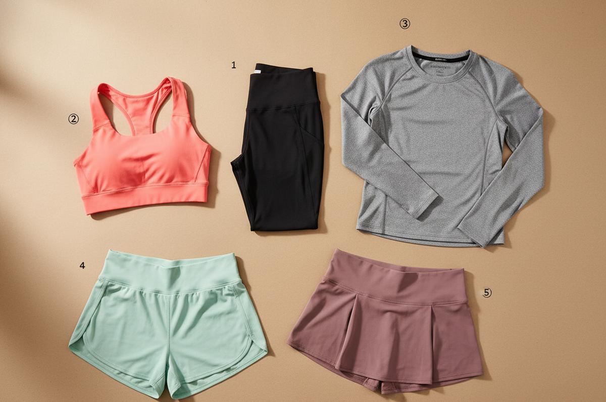 Fotografía de catálogo profesional mostrando las 5 prendas esenciales de ropa deportiva para iniciar un negocio: leggings negros de tiro alto, top deportivo coral, playera de manga larga gris, conjunto de short y top, y falda short deportiva, organizadas sobre fondo beige claro.